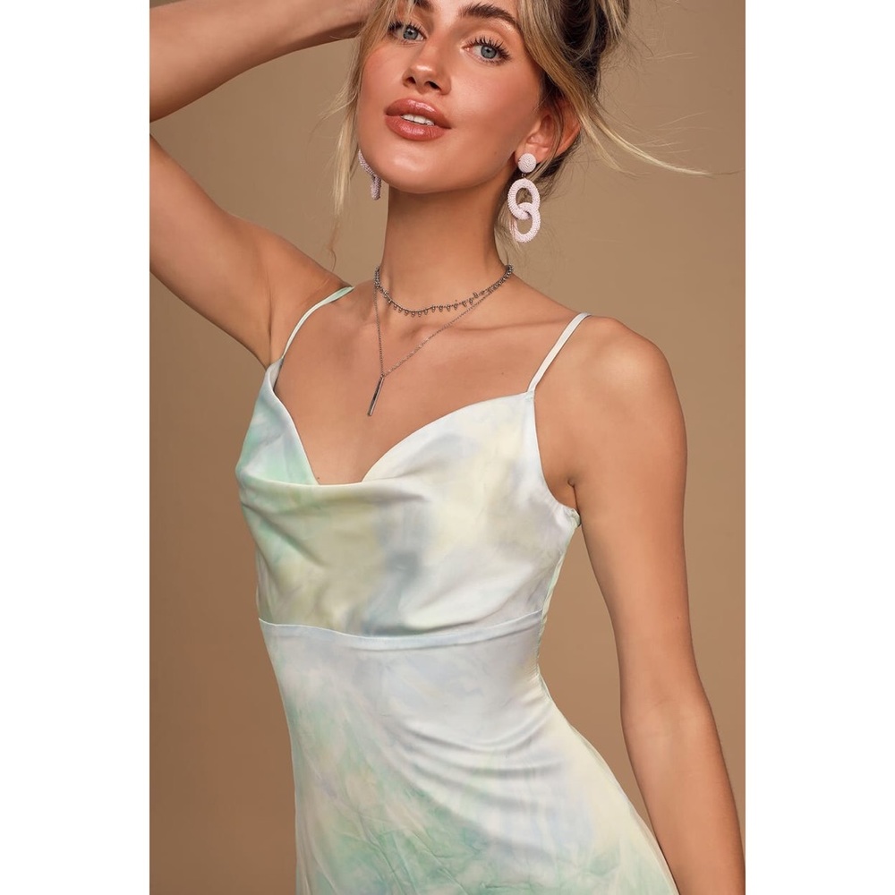 \Tranquil State Blue Tie-Dye Satin Midi Slip Dress - Picture 3 of 7